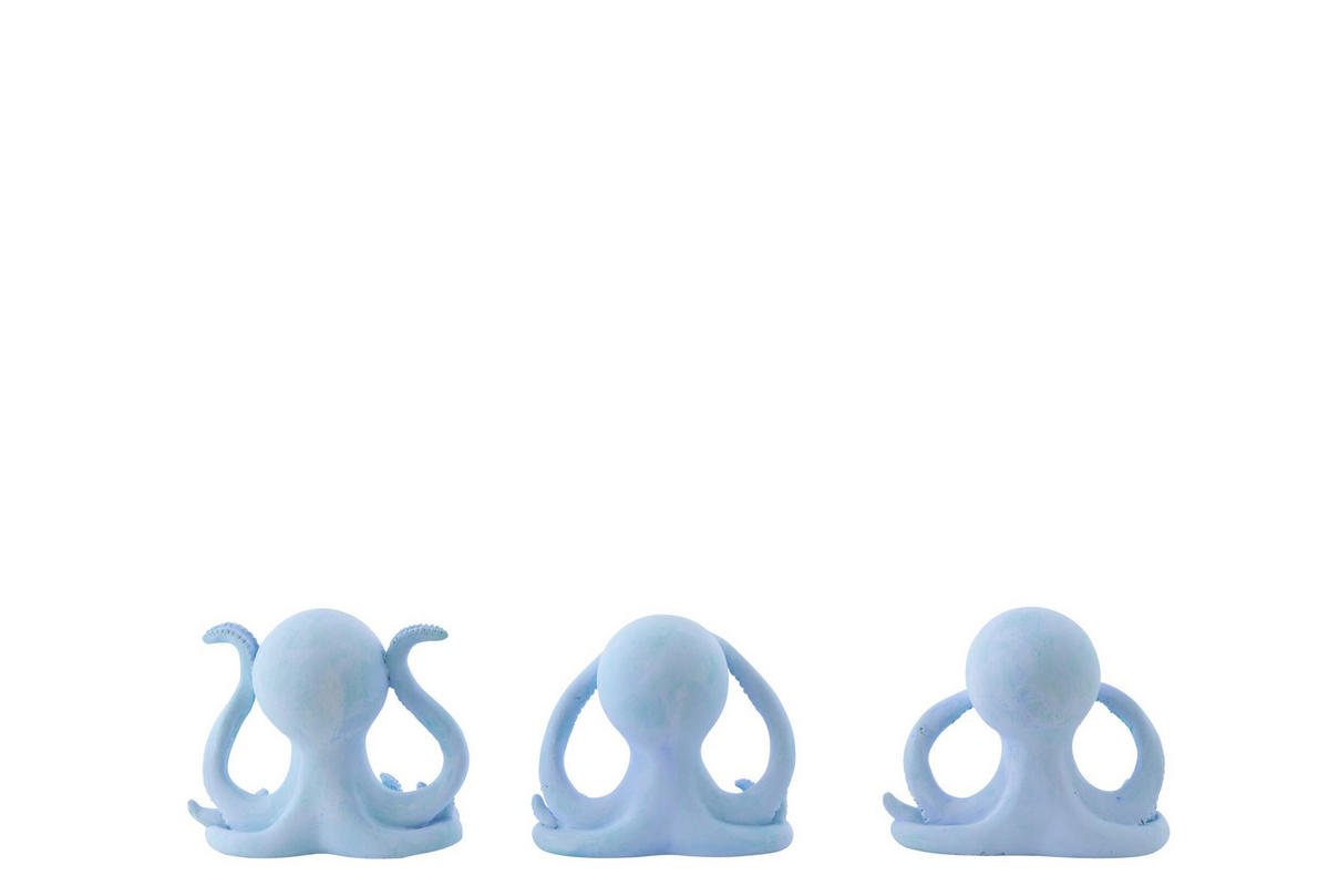 DEKOOBJEKT OKTOPUS SEHEN/HÖREN/SCHWEIGEN (3ER SET) - Blau, Glas/Naturmaterialien (7/11/13cm) - J-Line