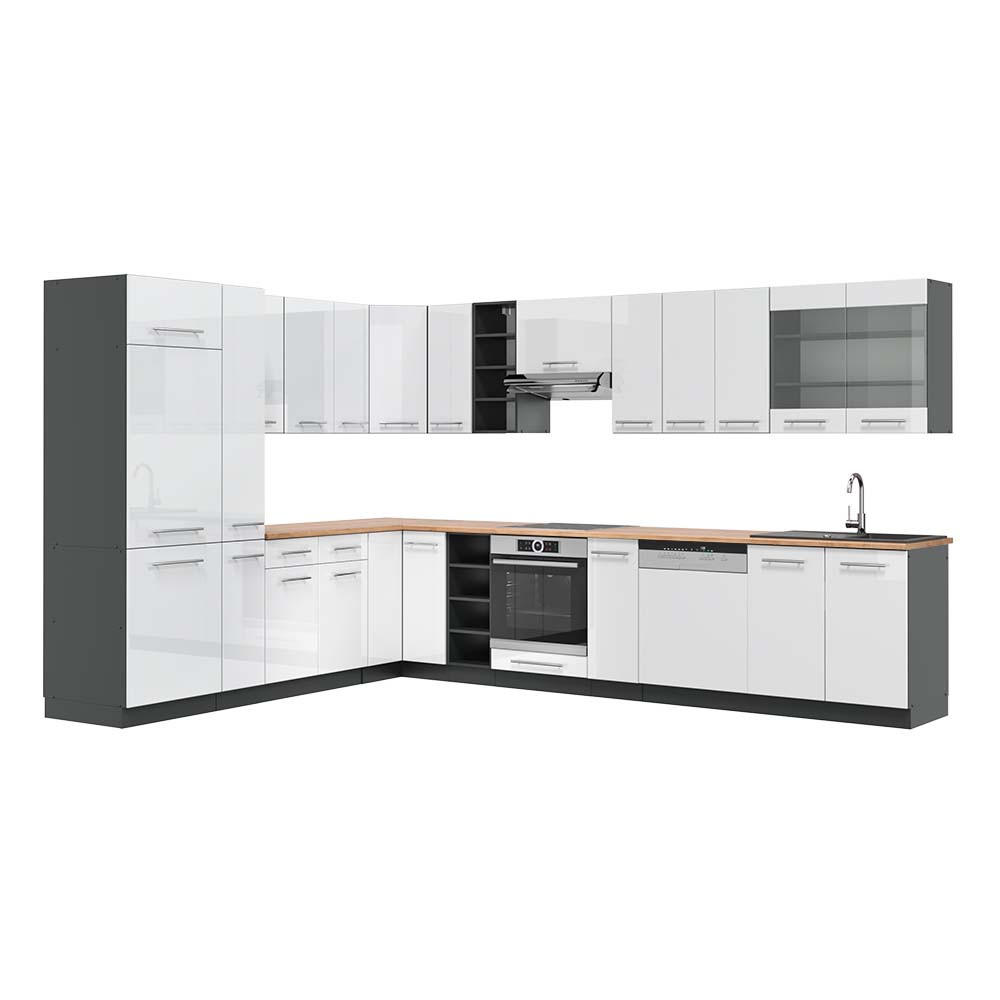 ECKKÜCHE Fame-Line Weiß Hochglanz/Anthrazit 347 x 257 cm, AP Eiche - Weiß Hochglanz/Anthrazit, Holzwerkstoff (347/81.6/60cm) - Vicco