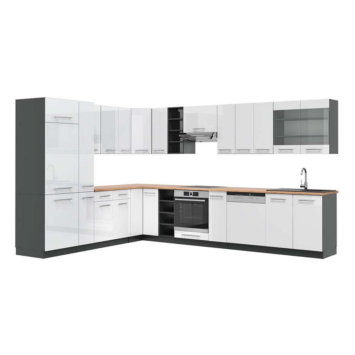 ECKKÜCHE Fame-Line Weiß Hochglanz/Anthrazit 347 x 257 cm, AP Eiche - Weiß Hochglanz/Anthrazit, Holzwerkstoff (347/81.6/60cm) - Vicco