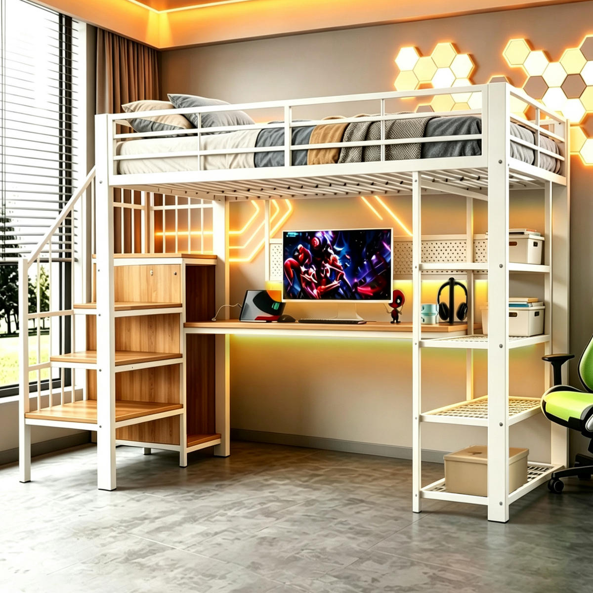 HOCHBETT 90/200 cm in Weiß mit Treppe, LED, Steckdosen und Regal aus Metall und Holz - Weiß, Holzwerkstoff/Metall (90/200cm) - CHICFURN