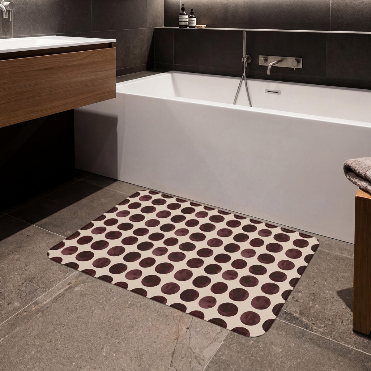 KOUPELNOVÁ PŘEDLOŽKA Puntíky - Vzor - Hnědý 90x60 cm - bordeaux, textil/plast (90/60cm)