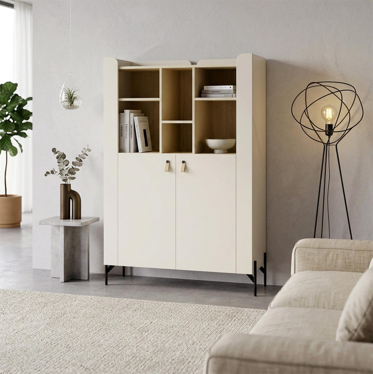 BÜCHERREGAL Sorella mit 2-türig, 3 offenen Regalböden, 100 cm, Macadamia + Eiche Mavelie - Eichefarben/Beige, Leder/Holzwerkstoff (100/151/51cm) - Beautysofa