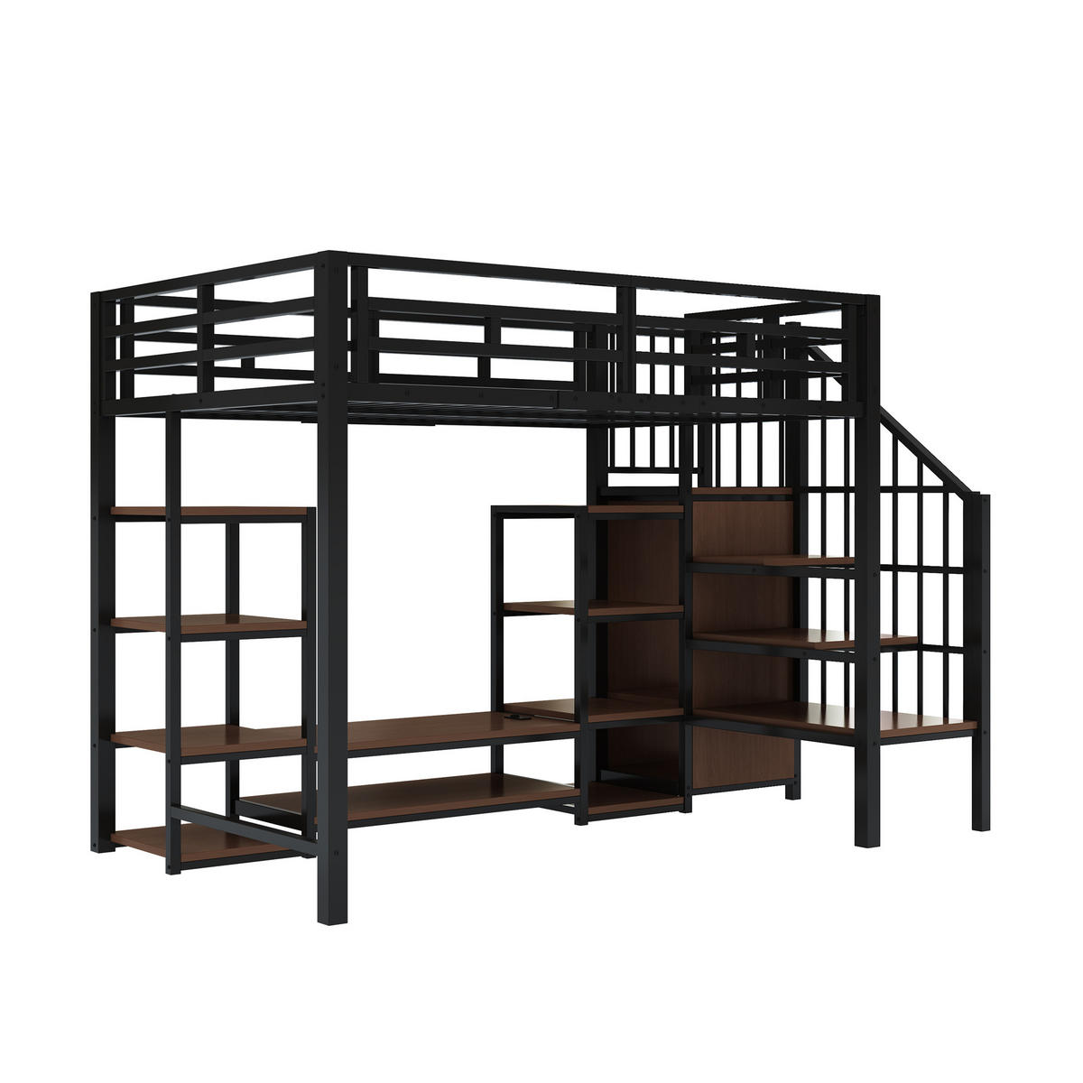 HOCHBETT 90/200 cm schwarz mit TV-Ständer, Steckdose und Sicherheitsleiter - Schwarz, Metall (90/200cm) - OKWISH