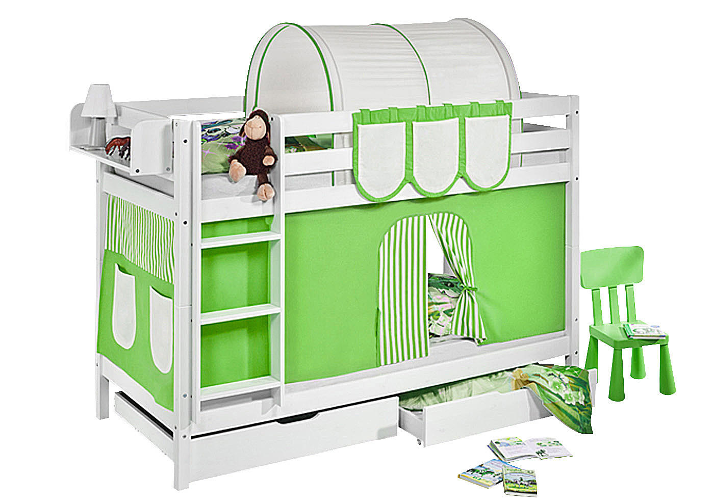 ETAGENBETT JELLE 90x190 cm grün beige gestreift - Hochbett - inkl. Vorhang und 2 Lattenrosten - Weiß, Holz - Lilokids