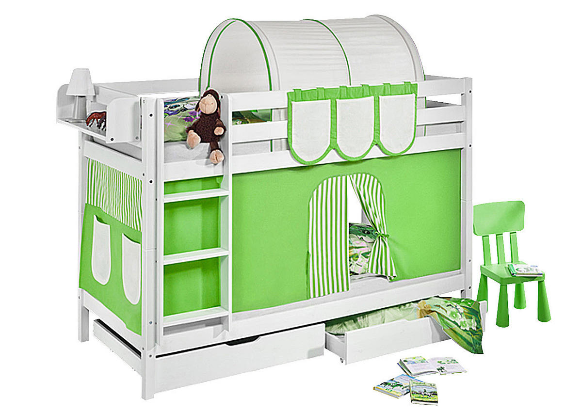 ETAGENBETT JELLE 90x200 cm grün beige gestreift - Hochbett - inkl. Vorhang und 2 Lattenrosten - Weiß, Holz - Lilokids
