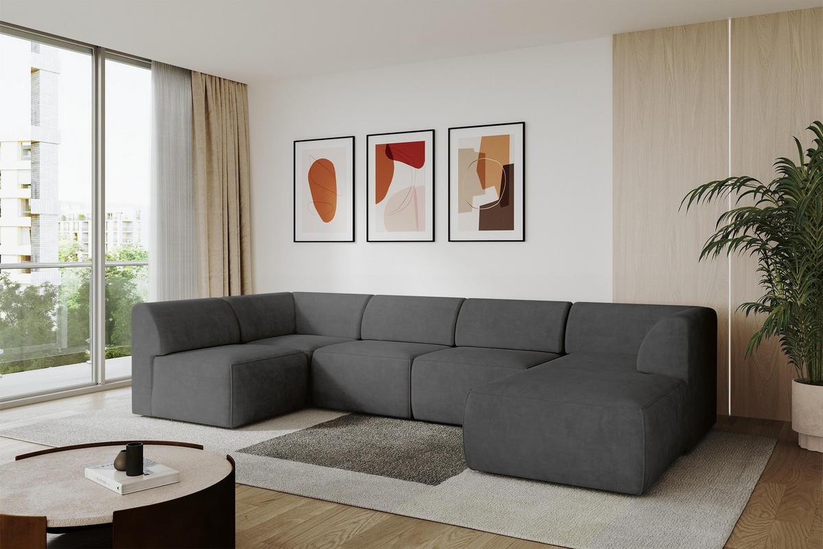 WOHNLANDSCHAFT Ottomane Rechts MOVO-L 345x180x78 cm Dunkelgrau Velours - Dunkelgrau/Anthrazit, Holzwerkstoff/Kunststoff (345/78/180cm) - ALTDECOR