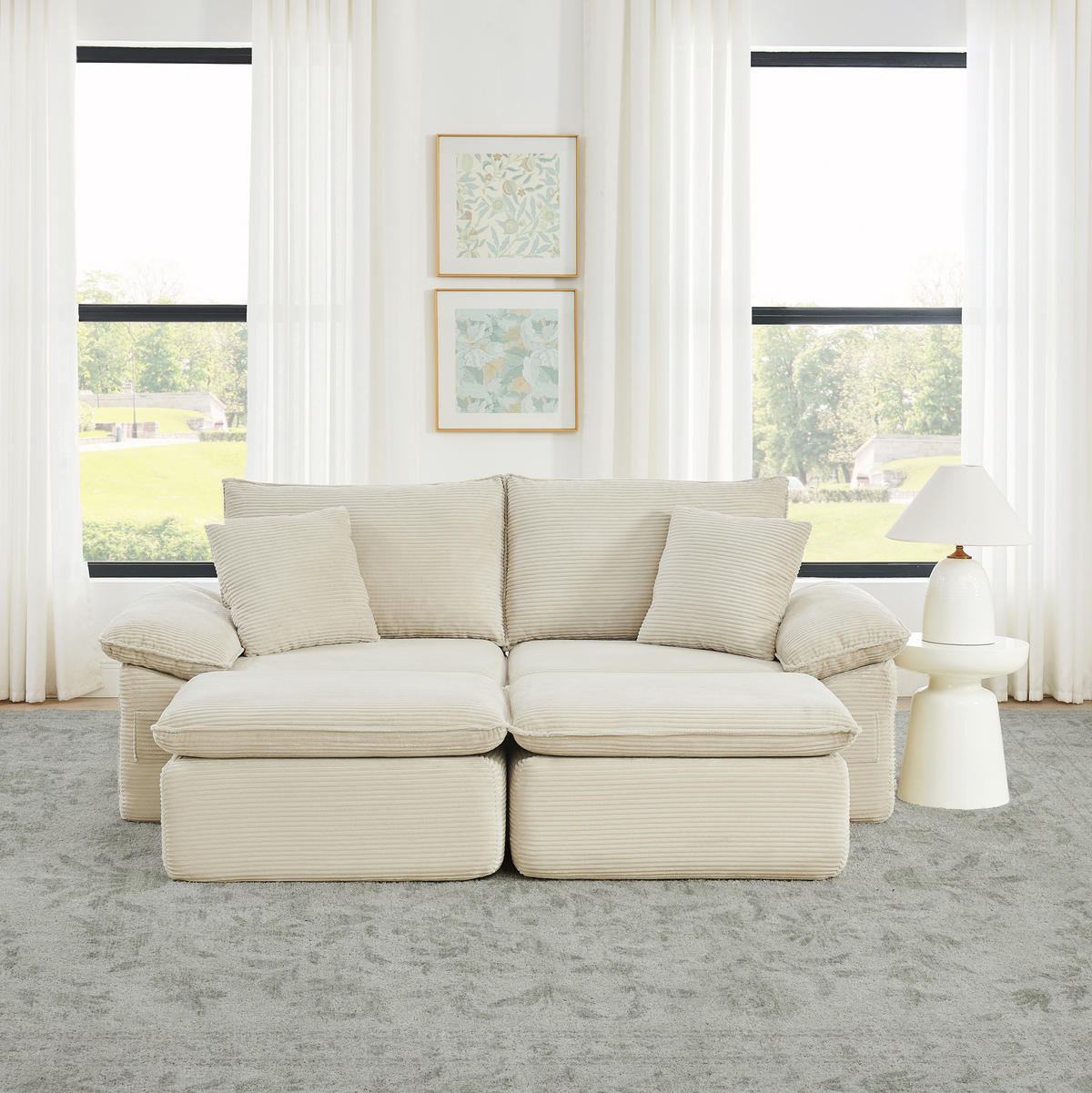 2-SITZER-BODENSOFA aus Stoff Beige ohne Montage mit Fußhocker und Aufbewahrungstaschen - Beige, Textil (156/65/206cm) - Modfu