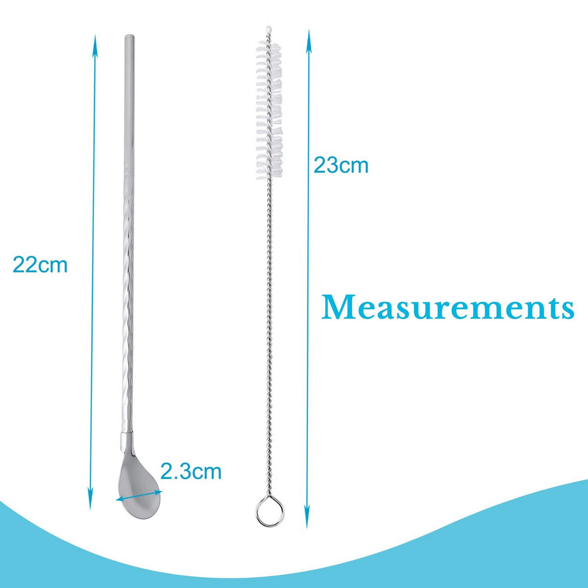 STROHHALMLÖFFEL 19 cm mit Reinigungsbürste und Tasche - Silberfarben, Metall - Intirilife