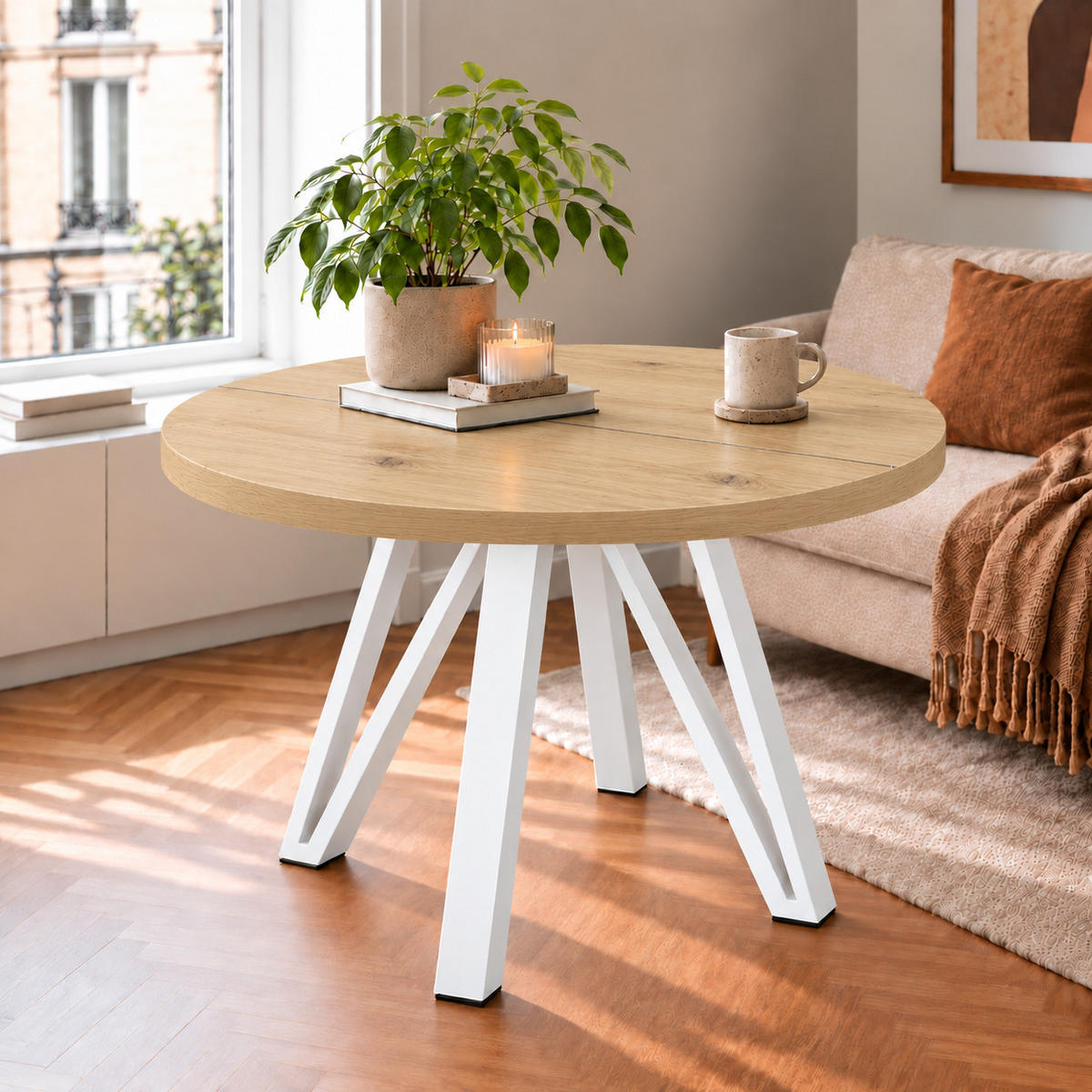 ESSTISCH rund ausziehbar 100/300/76 cm, Eiche Artisan, 54 cm Tischplatte + Industrial Metallgestell Weiß - Weiß/Eiche Artisan, Holzwerkstoff/Metall (100/300/76cm) - Damale Möbel