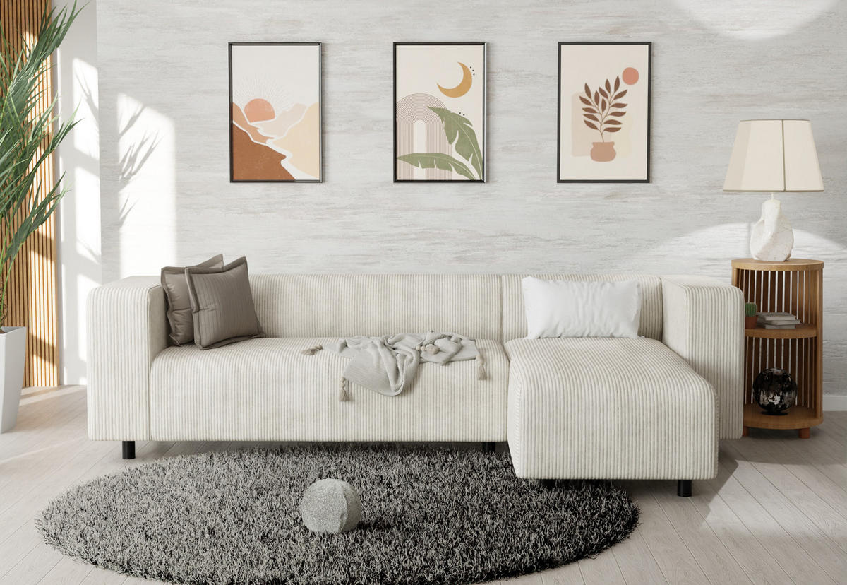 ECKSOFA Tove Beige Cord - Ottomane rechts - Beige/Schwarz, Holz/Kunststoff (240/142cm) - S-Style Möbel