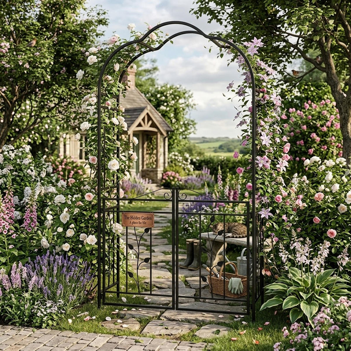 ROSENBOGEN Bury - Rankhilfe mit Oberteil und Doppel-Torpforte. Seitenteile und Tor mit Blumenverzierung. BxTxH: 120x40x220 cm - Schwarz, Metall (120/220/40cm) - TPFGarden