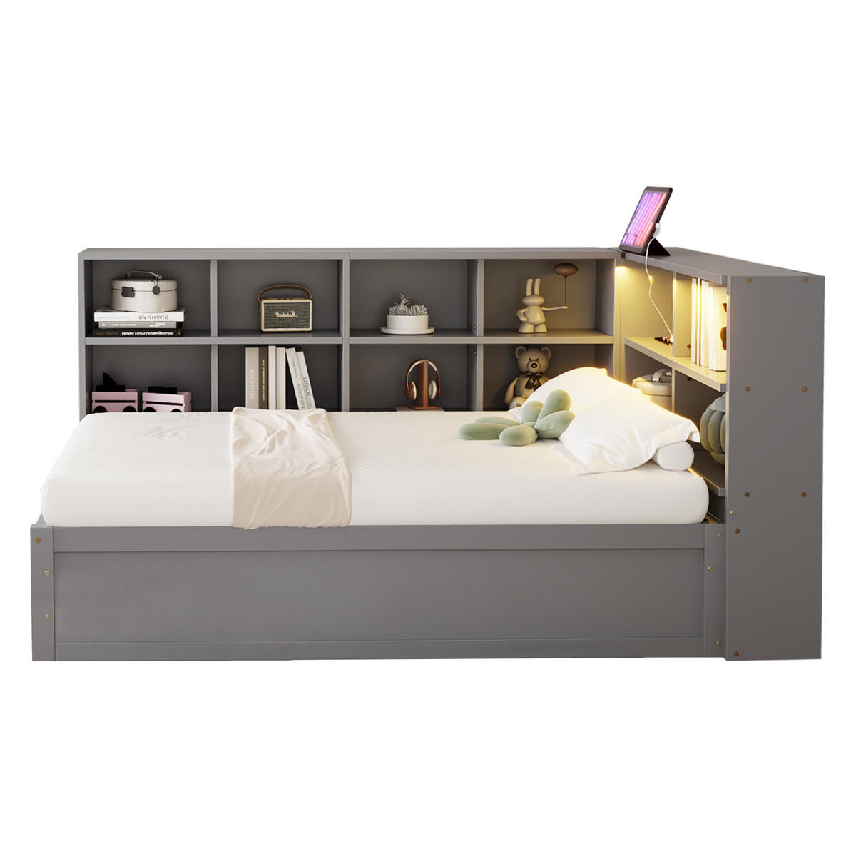 BETT mit hydraulischem Bett und LED-Beleuchtung Grau 90/200 cm - Grau, Holz (90/200cm) - OKWISH