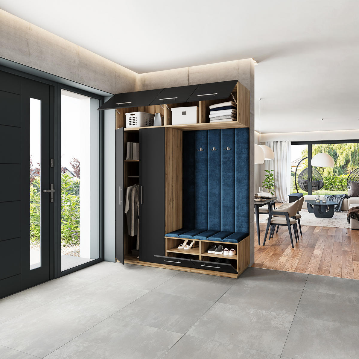 GARDEROBENSCHRANK REMA 180/240/60 cm Modern Garderobe-Set Eiche Wotan - Blau/Eiche Wotan, Holzwerkstoff (180/240/60cm) - MASSENO