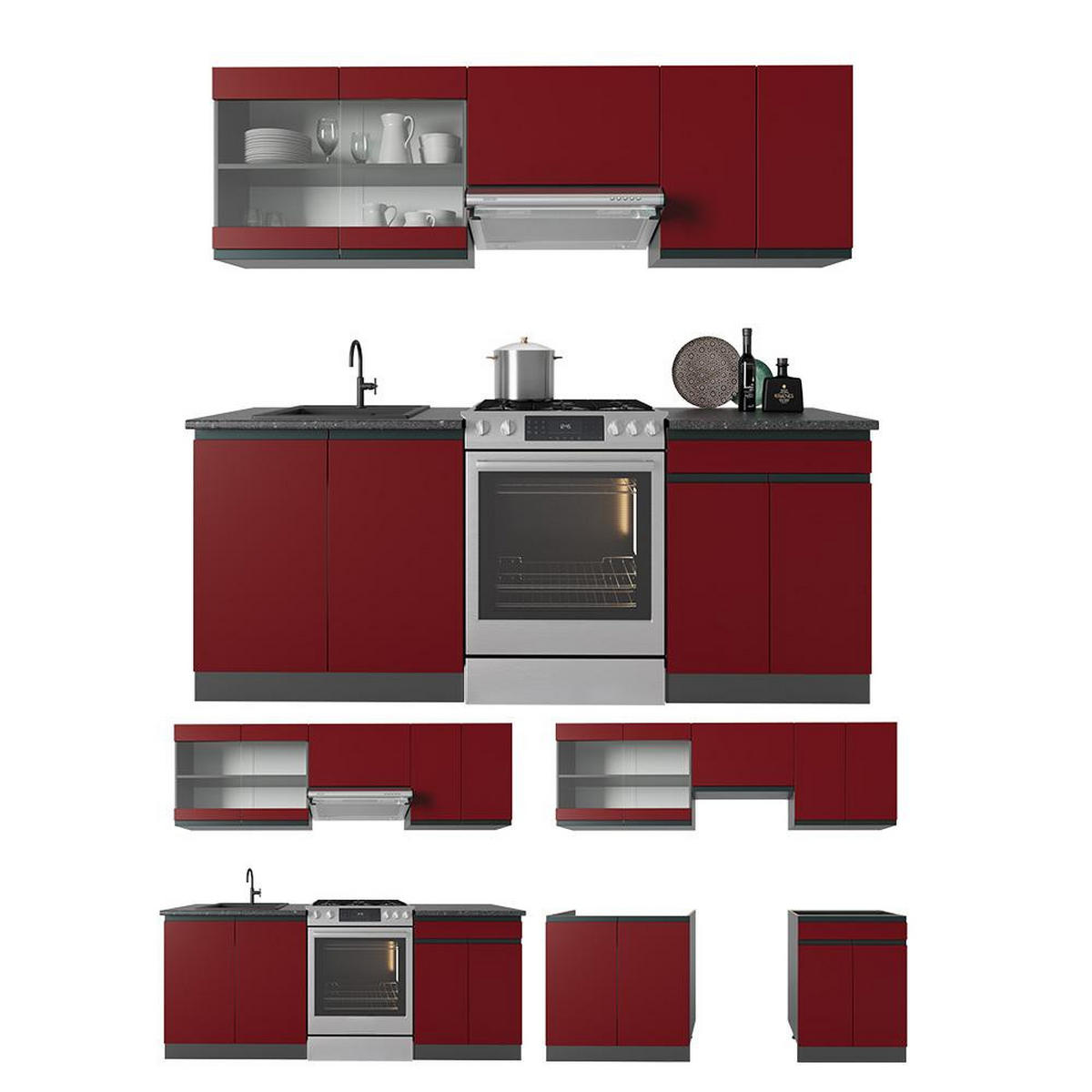 KÜCHENZEILE R-Line Rot/Anthrazit 200 cm J-Shape, AP Marmor - Anthrazit/Rot, Holzwerkstoff (200/81.6/60cm) - Vicco