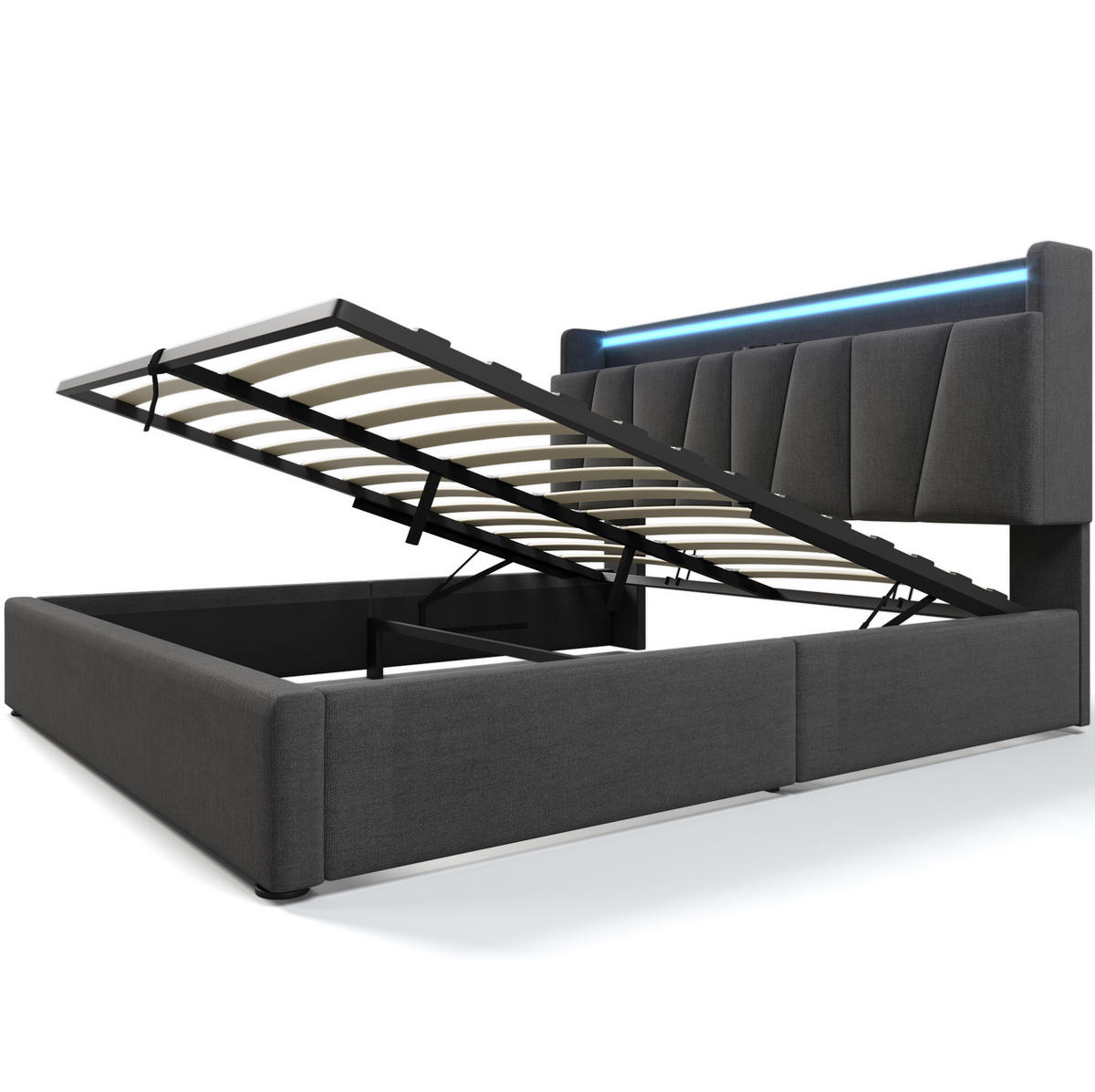 POLSTERBETT 140/200 cm Grau aus Leinen mit Stauraum-Kopfteil und LED-Beleuchtung - Grau, Textil (140/200cm) - OKMYHOME