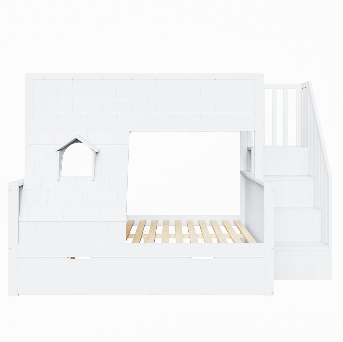 PATROVÁ postel 90/200 a 140/200 cm bílá z borovice se schodištěm, zásuvkami a oknem - bílá, kompozitní dřevo (90/200cm) - OKWISH