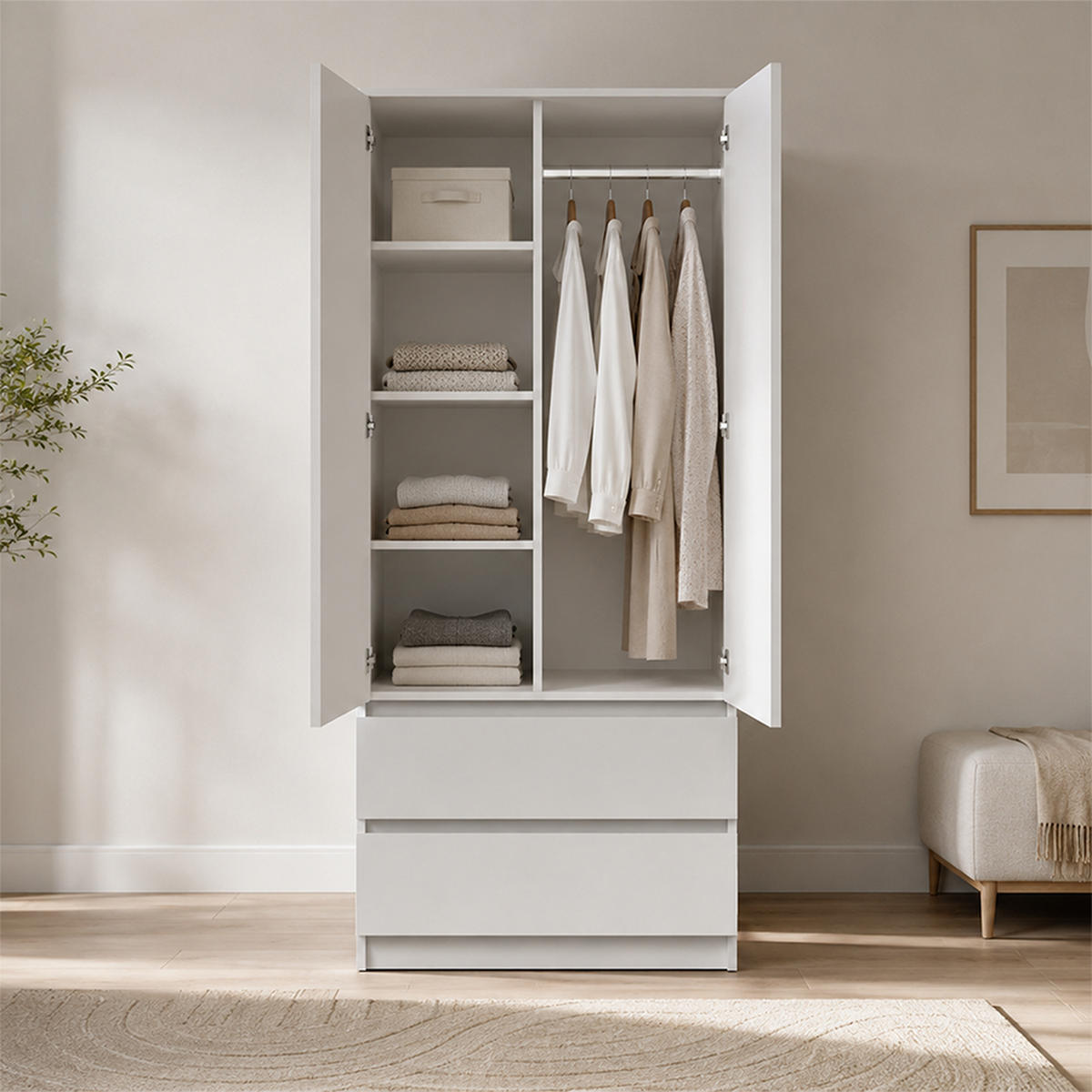 DREHTÜRENSCHRANK SOLO 2D2S, Schlafzimmer, Kleiderschrank Schrank 90 cm Weiß/Weiß, 2-türig, zwei Schubladen, grifflos - Weiß, Holzwerkstoff (90/180/50cm) - imoebel24