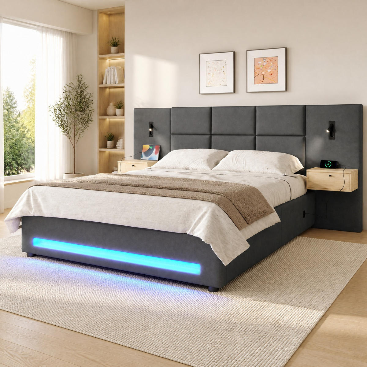 POLSTERBETT 180/200 mit hydraulischem Bettkasten, LED-Beleuchtung und USB-Type-C-Anschlüssen - Grau, Holzwerkstoff/Textil (180/200cm) - EVRYAE