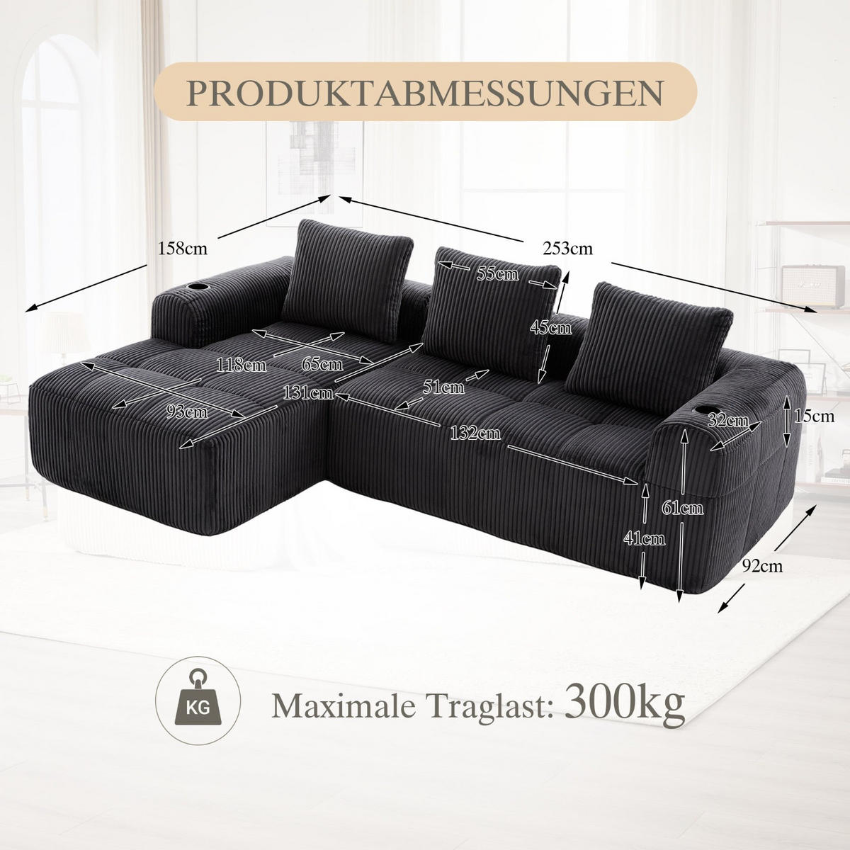 ECKSOFA mit Seitentasche und Getränkehalter, inkl. Kissen, Grau - Grau, Textil (253/61/158cm) - Kaket