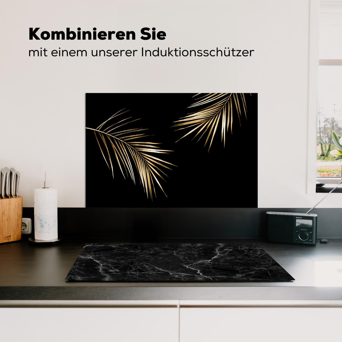 SPRITZSCHUTZ KÜCHE Blätter - Pflanzen - Gold - Schwarz - Luxus 70x50 cm - Goldfarben, Metall (70/0.3/50cm) - MuchoWow