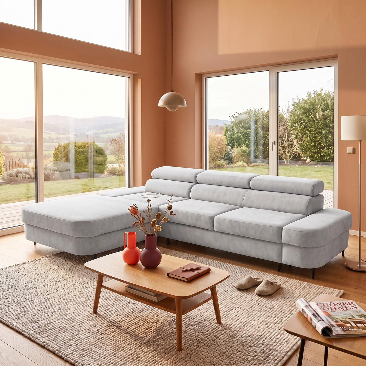 ECKSOFA JAZZ L Links mit Schlaffunktion 127x216 Velours Hellgrau - Hellgrau/Schwarz, Holz/Textil (285/237cm) - Muffo