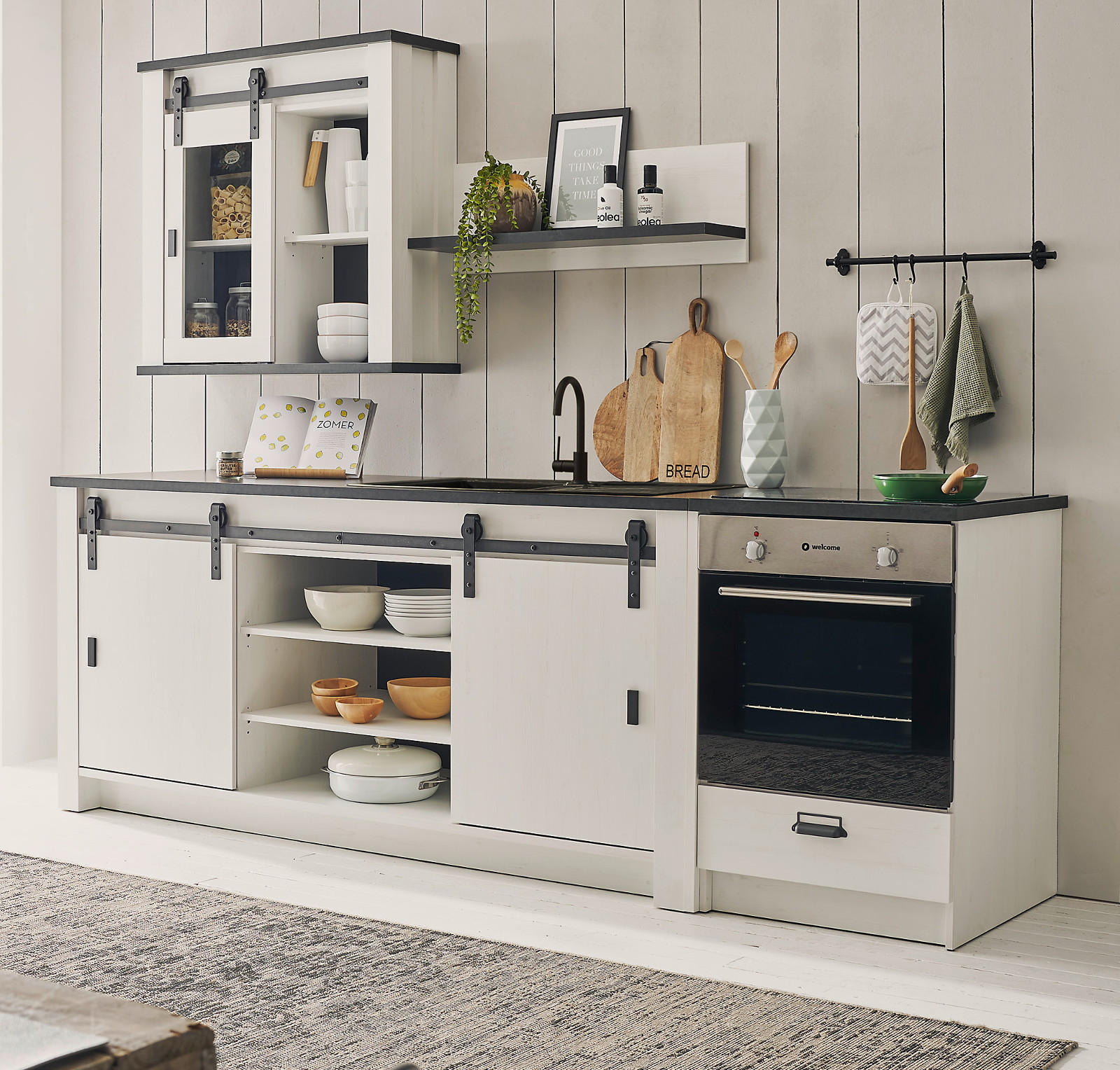 KÜCHEN-SET weiß Pinie, anthrazit 4-teilig 264 cm, Küchenschrank Set im Landhaus-Stil - Anthrazit/Schwarz, Holzwerkstoff/Metall (264/200/64cm) - Furn.Design
