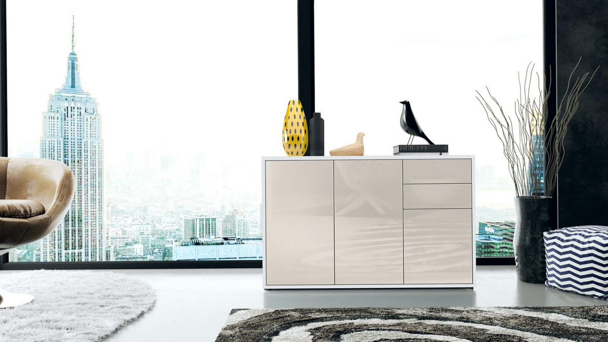 KOMMODE Ben Front in Creme Hochglanz - Creme, Holzwerkstoff (117/74/36cm) - Vladon