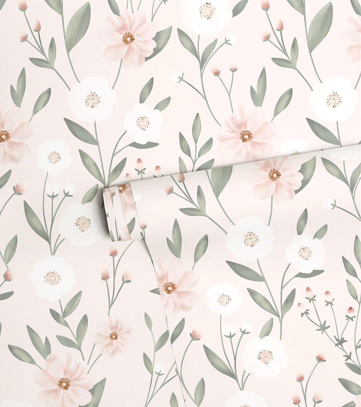 VLIESTAPETE Eden Blumen 50 cm x 10 m rosa Hintergrund - Hellrosa/Salbeigrün, Papier (50/1000cm) - Lilipinso