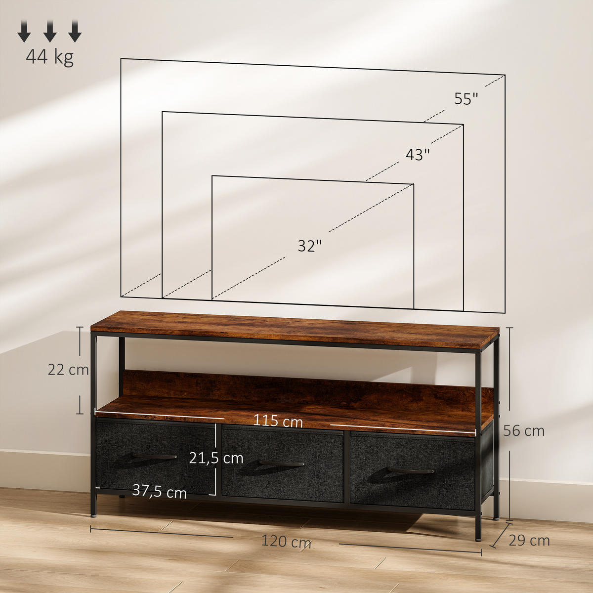 LOWBOARD Braun/Schwarz 120/29/56 cm, 3 Schubladen, Metallgestell - Rotbraun, Metall (120/56/29cm) - PANGIVO