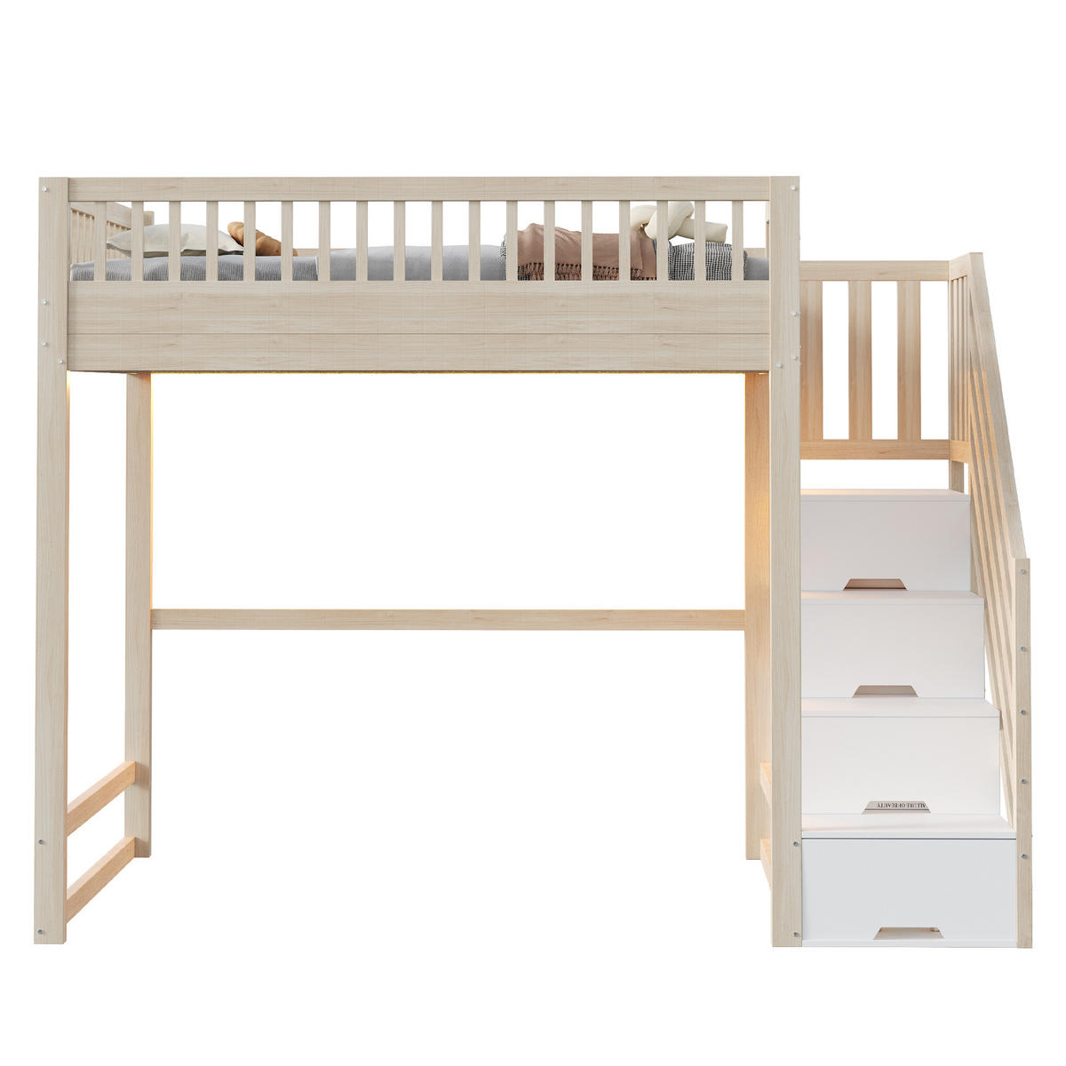 HOCHBETT 140/200 cm in Natur mit Stauraumtreppe und LED - Naturfarben, Holz/Holzwerkstoff (140/200cm) - STILVORA