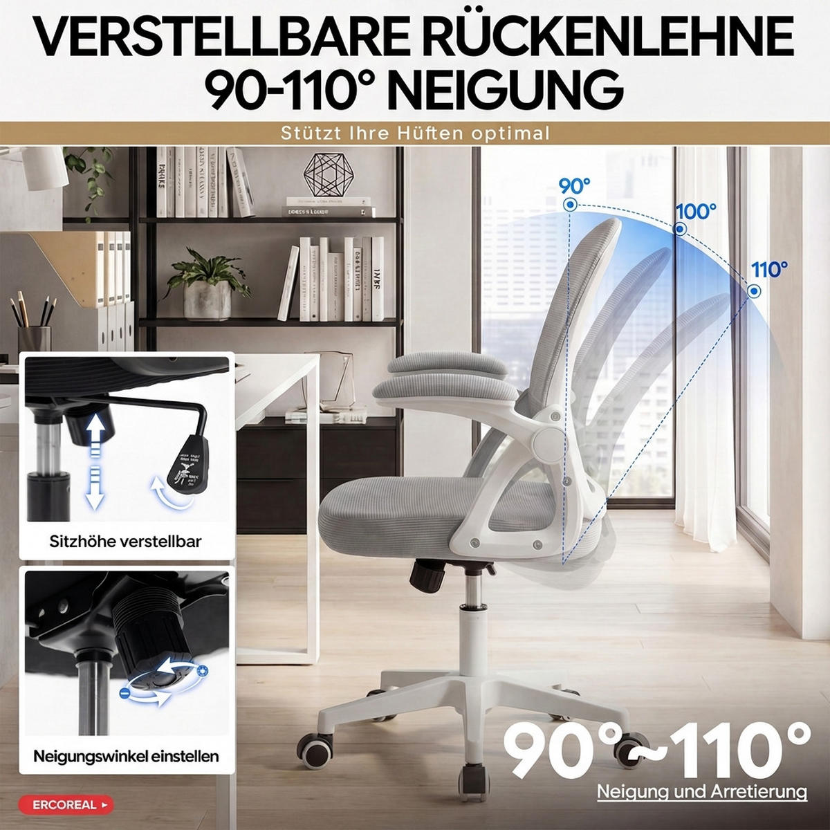 GAMINGSTUHL Gräulich-weiß mit Verstellbare Rückenlehne (90–110°) und klappbare Armlehnen (90°) - Greige, Textil (56/102.5/60.5cm) - Oxeza
