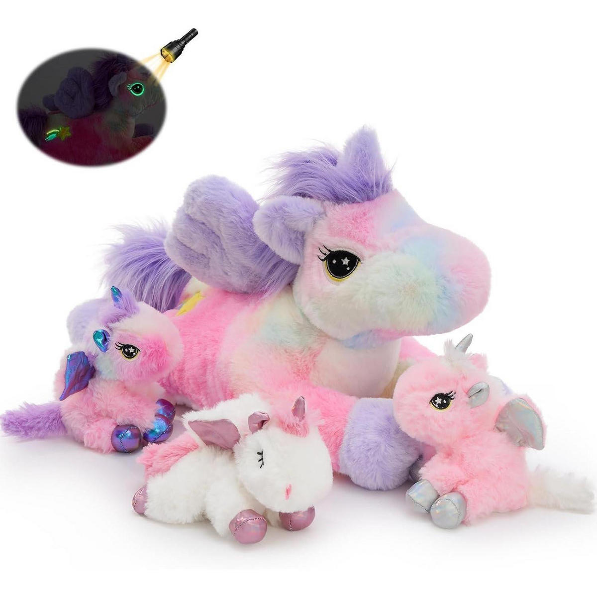 PLÜSCHTIER Einhorn 50 cm Set mit 3 Babys, leuchtet im Dunkeln - Multicolor, Textil (40/50cm)