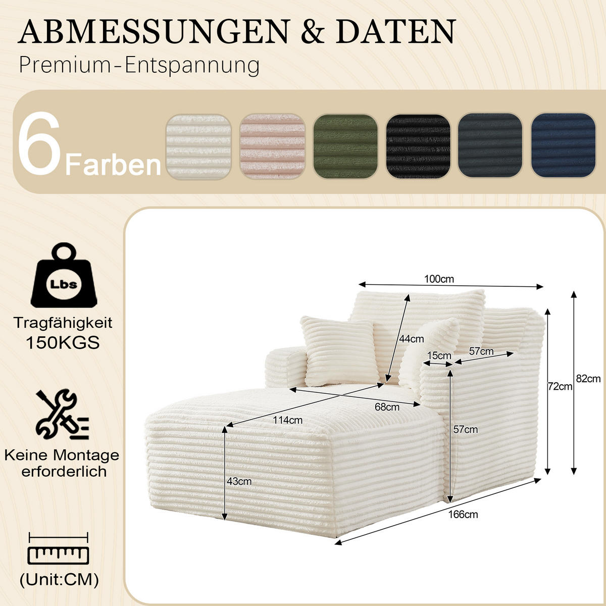 SCHLAFSESSEL DE-34906 Cord mit Schlaffunktion Cremefarben - Creme, Textil (100/82/166cm) - ComfortXL