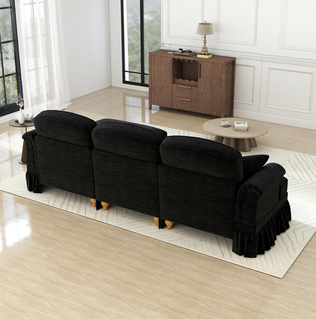 ECKSOFA 272/140/93 cm schwarz aus Chenille mit abnehmbarem Volant und beweglichem Hocker - Schwarz, Textil (140/272cm) - OKWISH