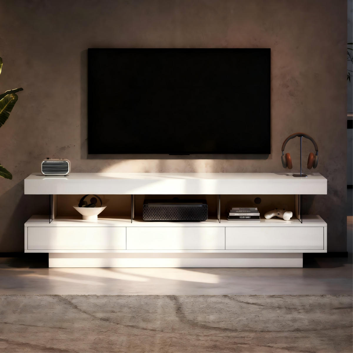 TV ormarić 160/38/50,5 cm s LED osvjetljenjem, Bluetooth upravljanjem i 3 staklena pretinca, Bijela - bijela, drvni materijal (160/50.5/38cm) - Redom