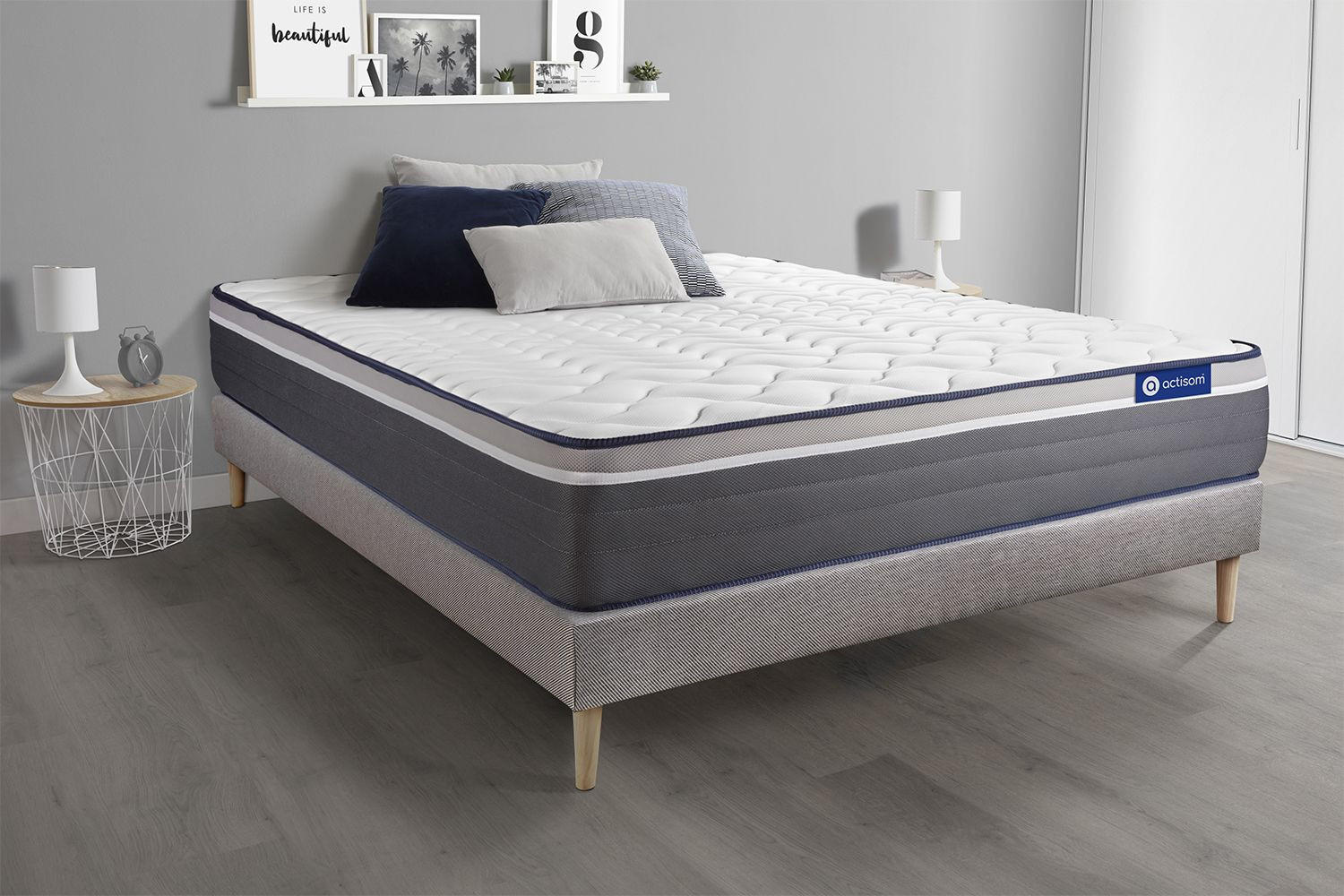 BETT Actimemo plus Memory-Schaum 140 x 210 cm h4 - Kit Bettgestell Grau - Beige/Grau, Holz (140/210cm) - ACTISOM