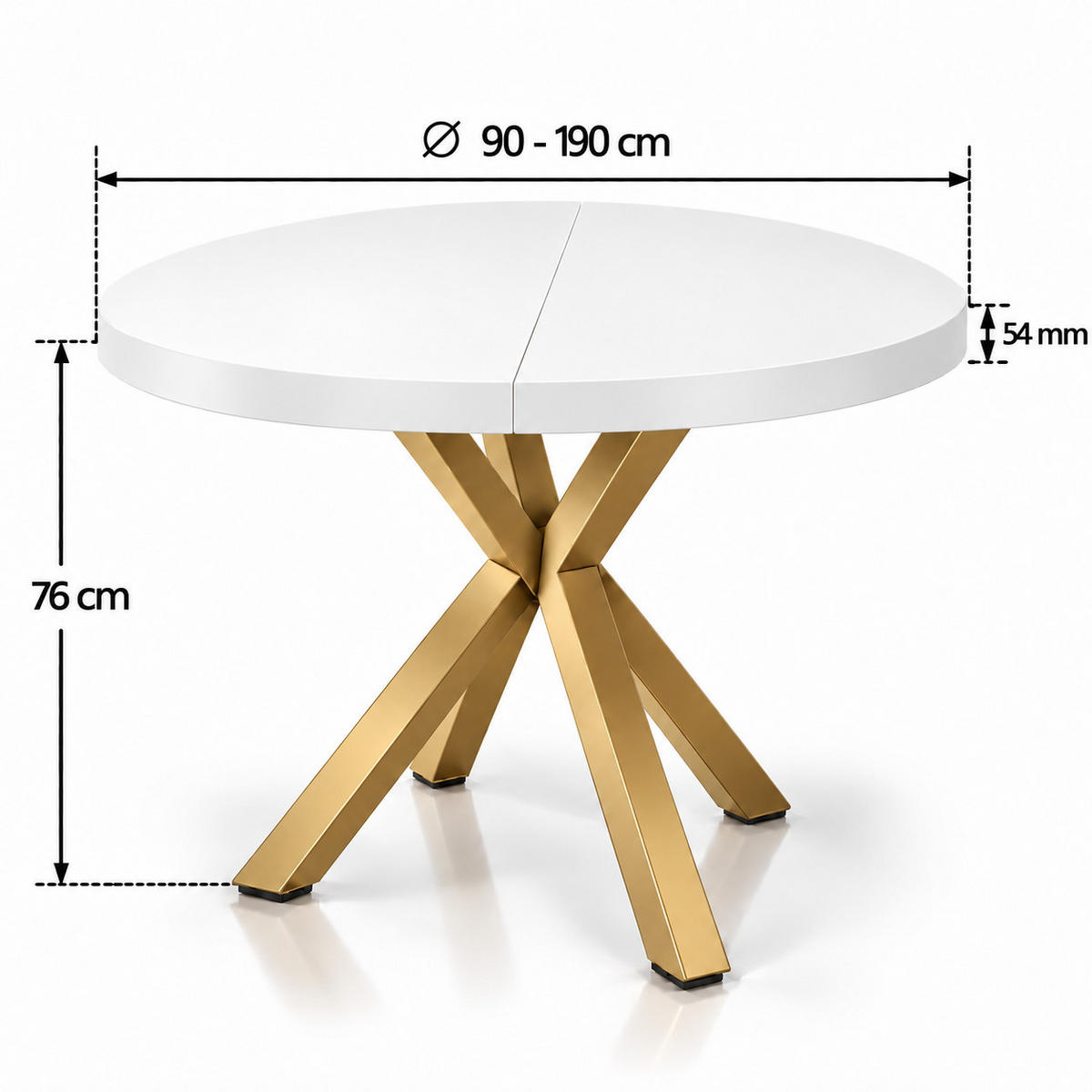 ESSTISCH rund ausziehbar 90/190/76 cm, Weiß, 54 cm Tischplatte + X Metallbeine Gold - Goldfarben/Weiß, Holzwerkstoff/Metall (90/190/76cm) - Damale Möbel