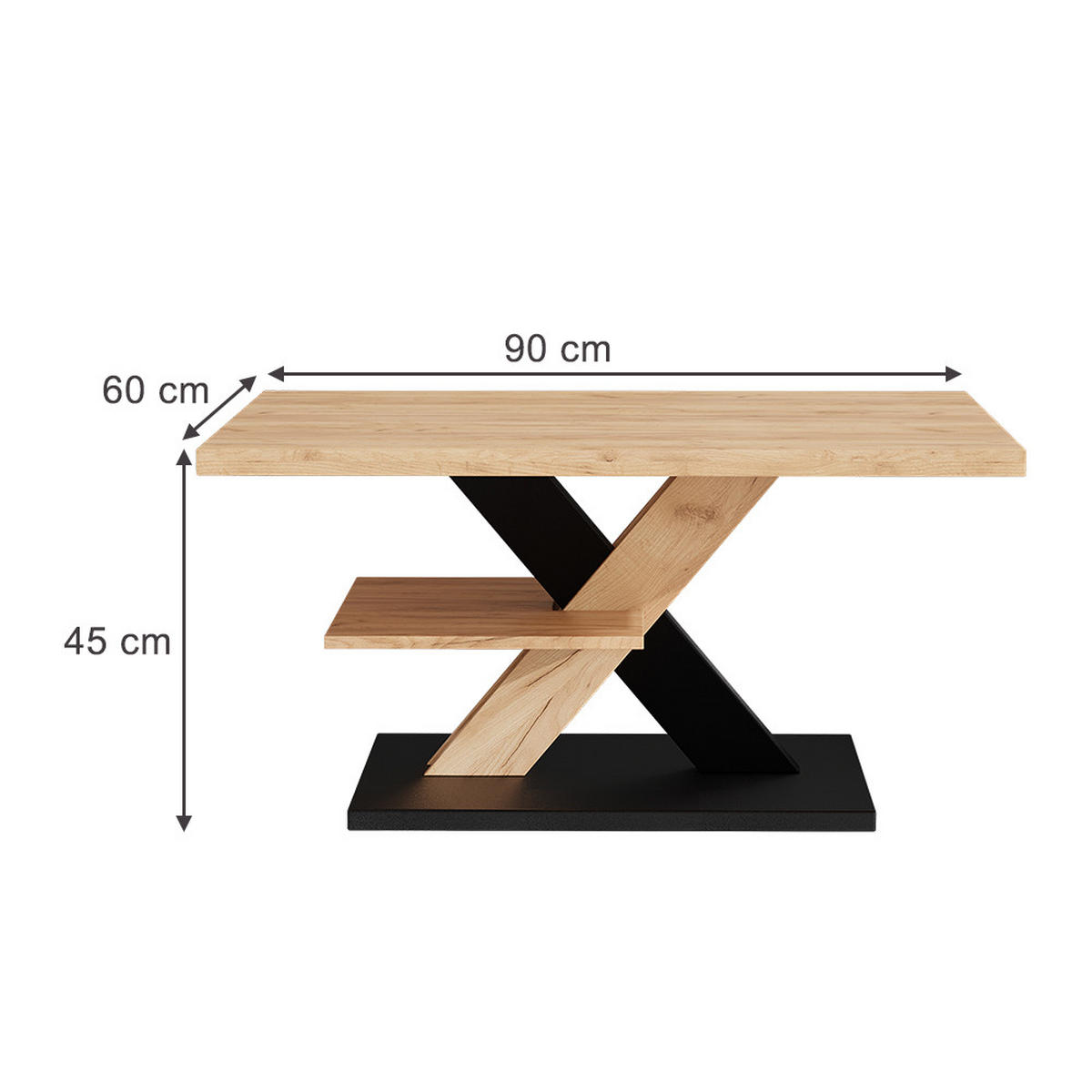 COUCHTISCH Arivo Eiche/Schwarz 90 x 60 cm mit Ablage - Eichefarben/Schwarz, Holzwerkstoff (60/90/45cm) - Vicco