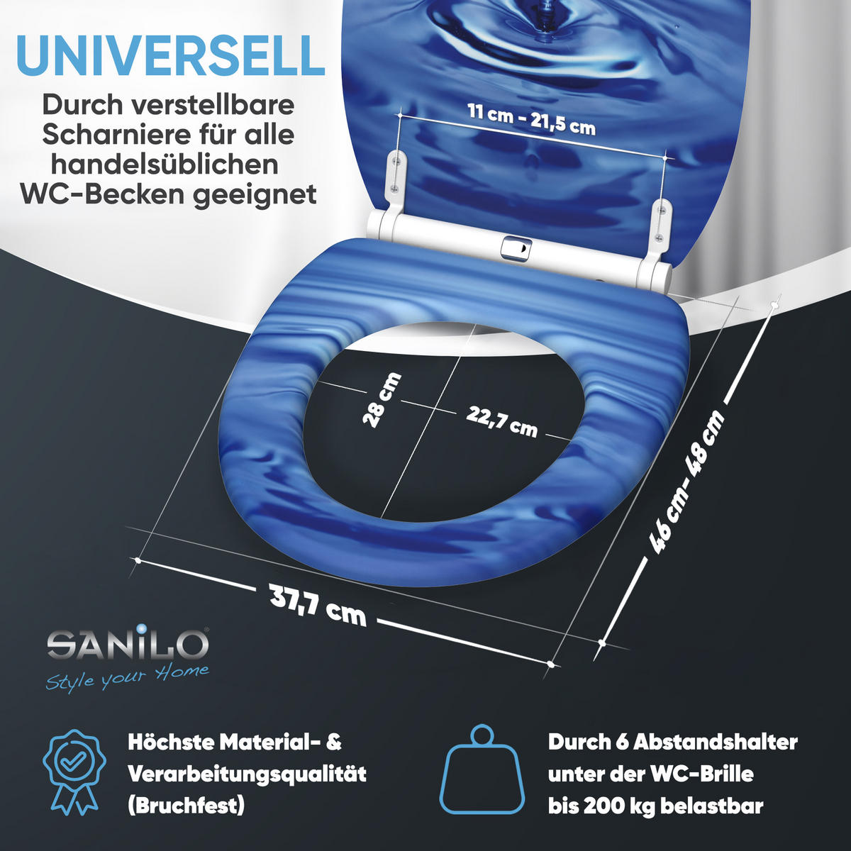 WC-SITZ mit Absenkautomatik & Top Fix Tropfen - Blau, Holzwerkstoff (37.7/5.5/48cm) - Sanilo