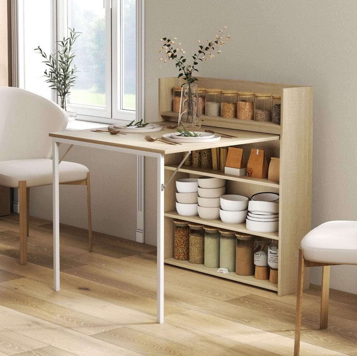 ESSTISCH 78,5/91/93 cm klappbar mit 3 Regalfächern und Stauraum im Industriedesign, Eiche - Eichefarben, Holz (91/78.5/93cm) - Redom