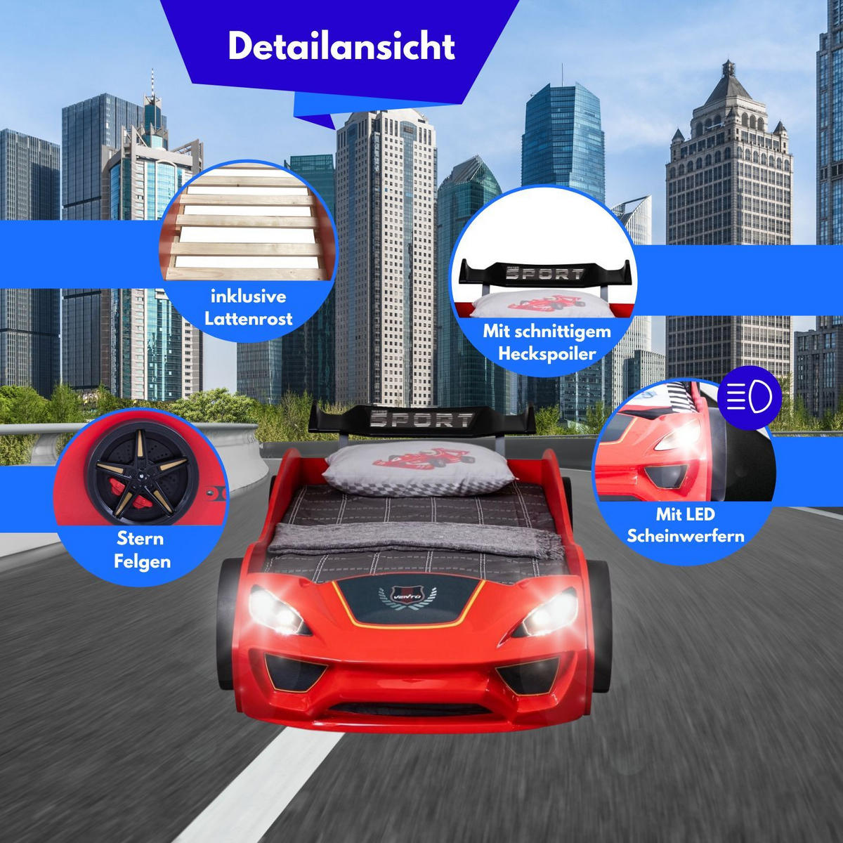 AUTOBETT VENTO Kinderbett in Rot mit Lattenrost - Rot, Holzwerkstoff (90/200cm) - Coemo