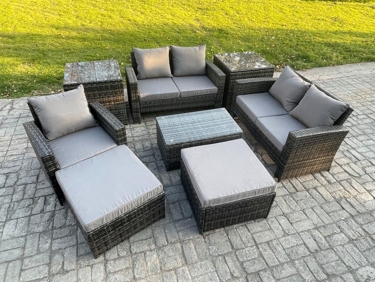 GARTENMÖBEL-SET SOFA STUHL MIT RECHTECKIGEM COUCHTISCH 2 HOCKER 2 BEISTELLTISCHE Polyrattan Dunkelgrau Gemischt 7-Sitzer - Dunkelgrau, Metall - Fimous