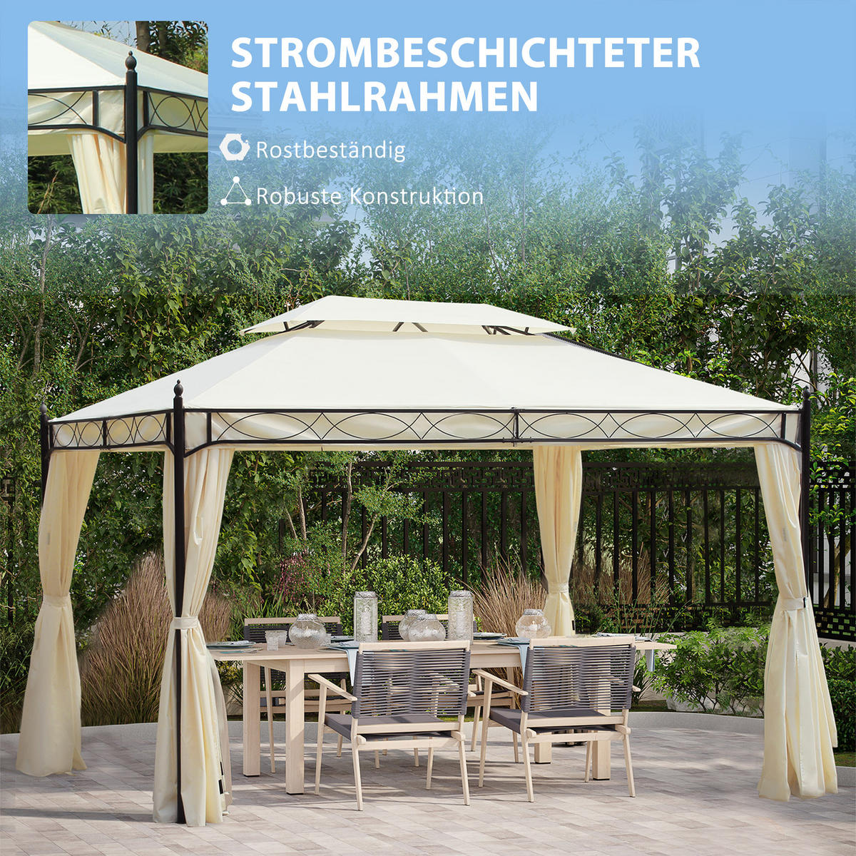 PAVILLON Gartenpavillon Fest Partyzelt Doppeldach Gartenzelt 3x4m Creme - Creme, Metall (400/280/300cm) - Outsunny