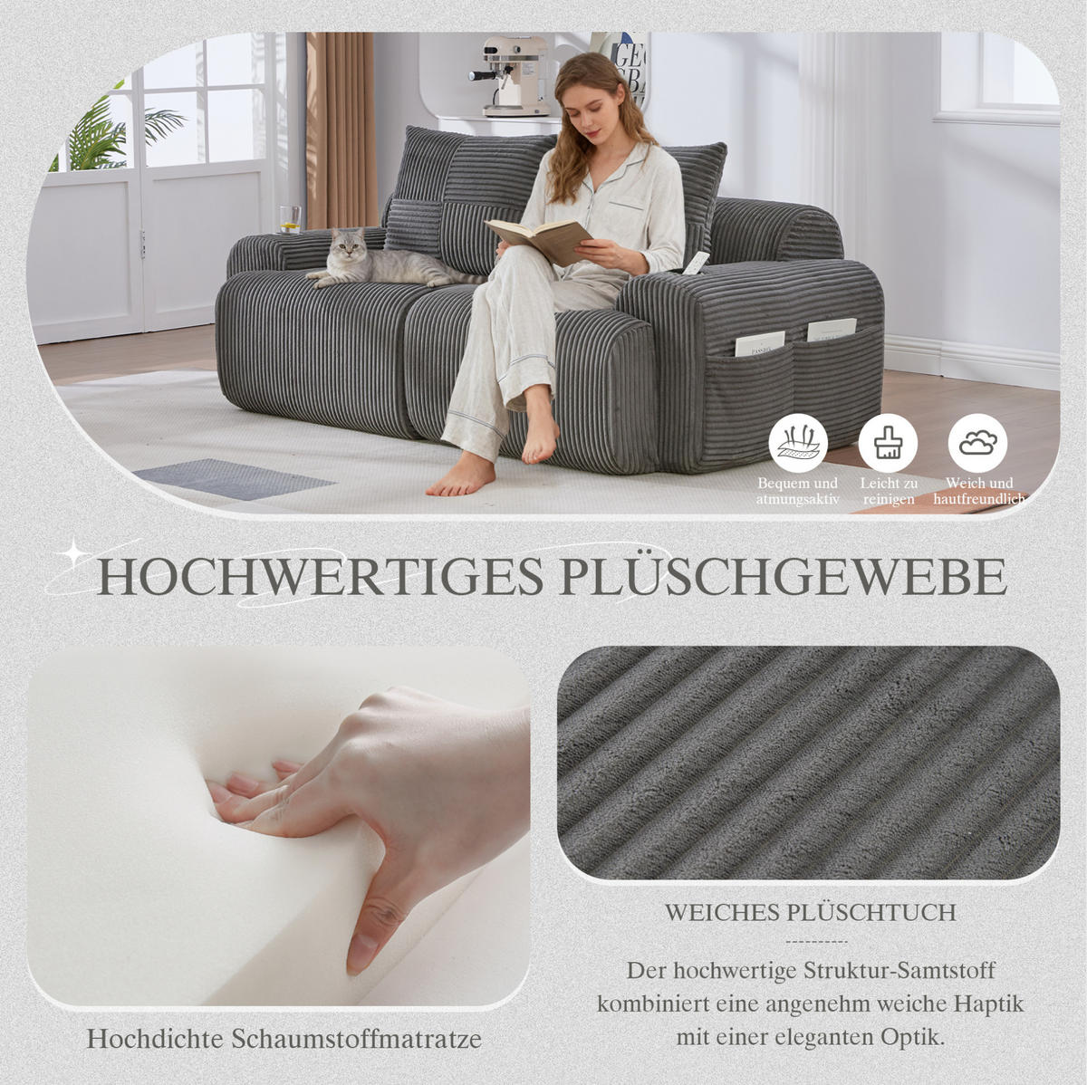 POHOVKA 200/99/80 cm tmavě šedá z manšestru s držákem na nápoje a boční kapsou - tmavě šedá, textil (99/80/200cm) - OKWISH