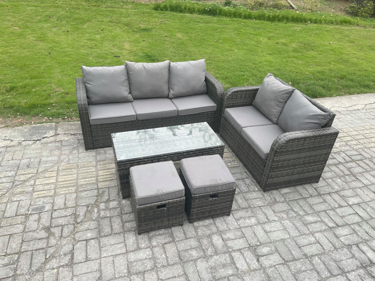 GARTENSOFA SET mit COUCHTISCH Polyrattan 7-Sitzer - Dunkelgrau/Grau, Glas/Kunststoff - Fimous