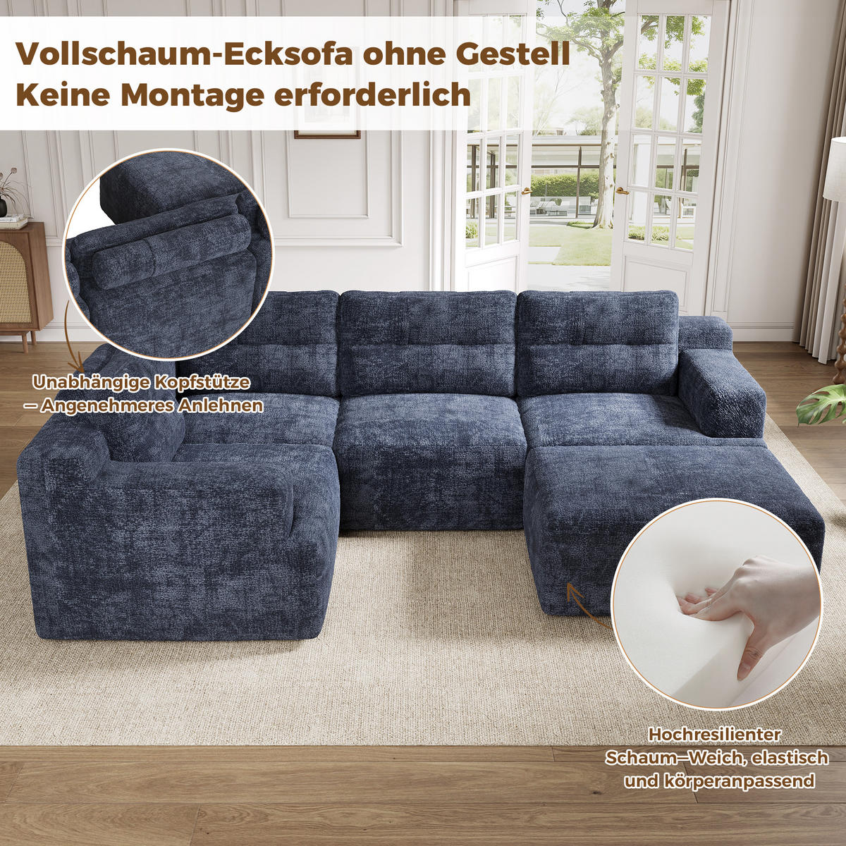 WOHNLANDSCHAFT 252/180/82 cm Blue mit 1 Fußhocker - Blau, Textil (252/82/180cm) - Oxeza