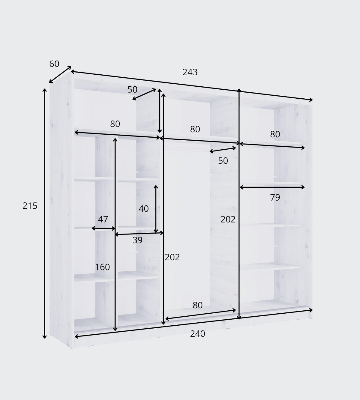 SCHWEBETÜRENSCHRANK VEYDAR 248/215/62cm 3-türig mit Spiegel Weiß - Weiß, Holzwerkstoff (248/215/62cm) - MASSENO