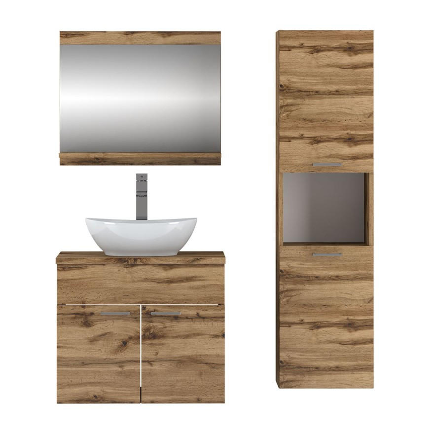BADMÖBEL-SET LUMIRE LOFT II Wotan Eiche mit Spiegel - Braun, Holzwerkstoff (60/52/46cm) - Lookway