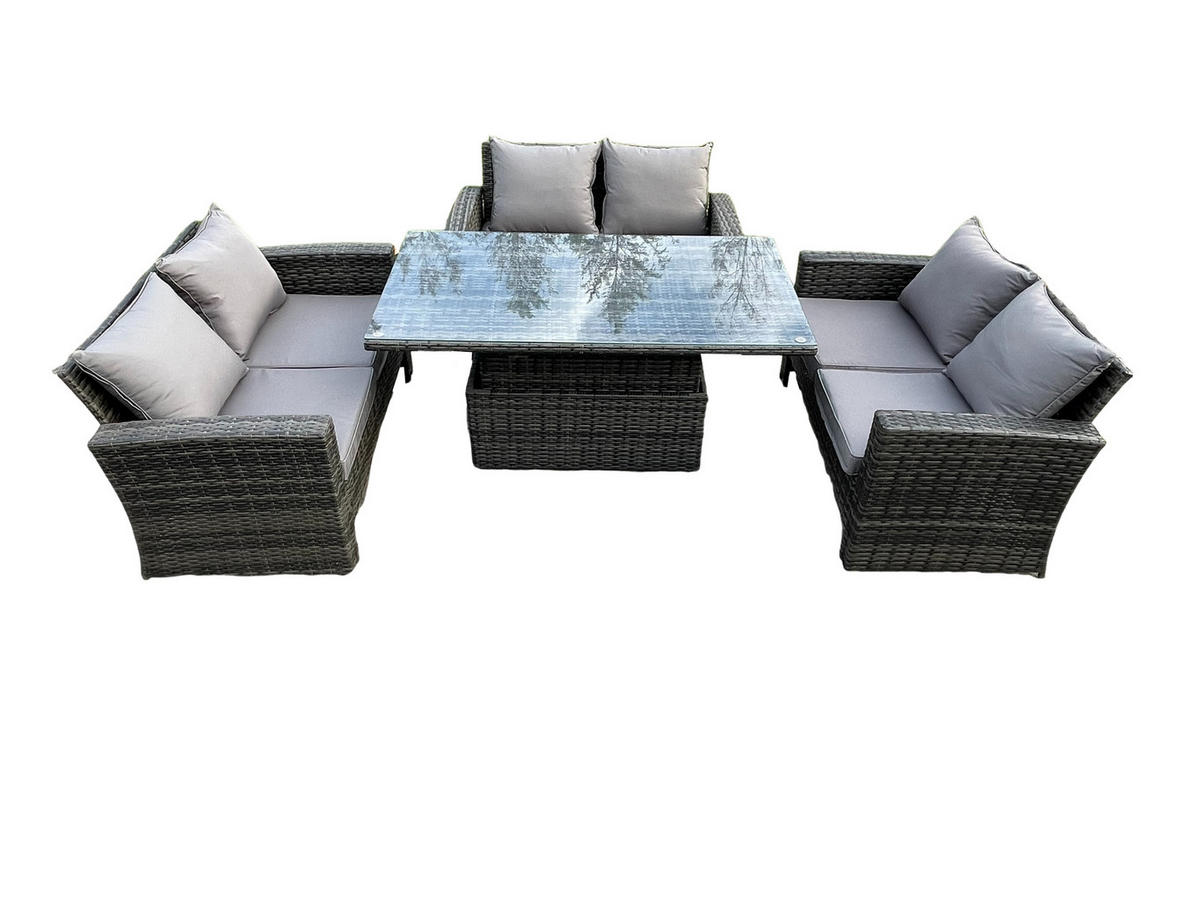 GARTENMÖBEL SITZGRUPPE MIT HÖHENVERSTELLBAREM ESSTISCH DOPPELSITZ-SOFA Polyrattan Dunkelgrau Gemischt 6-Sitzer - Dunkelgrau, Metall - Fimous