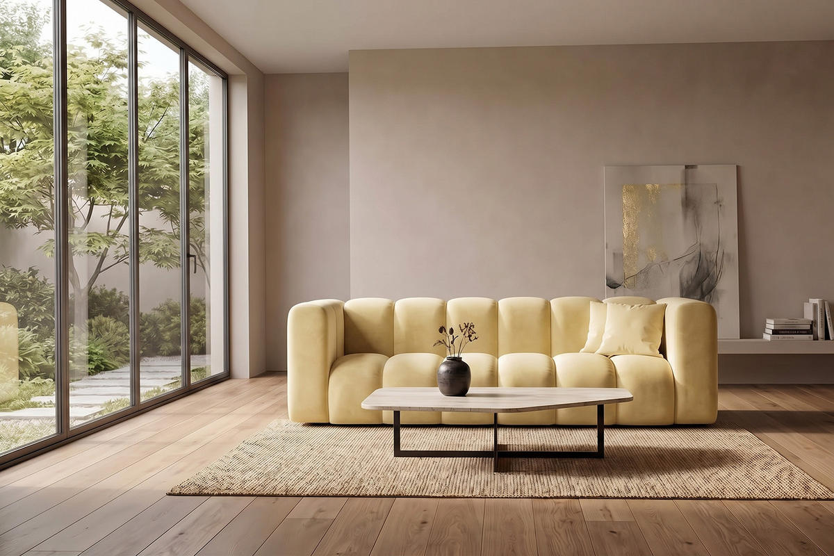 SOFA 3-Sitzer Modulares, Velvet-Stoff Riviera, Buttergelb, GRAND - Hellgelb, Holz (230/70/89cm) - Kaiser Möbel